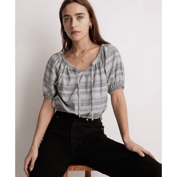 NWT Madewell Jacquard Striped Puff Sleeve Size M Crop Top Pullover Keyhole Tue - Picture 2 of 10